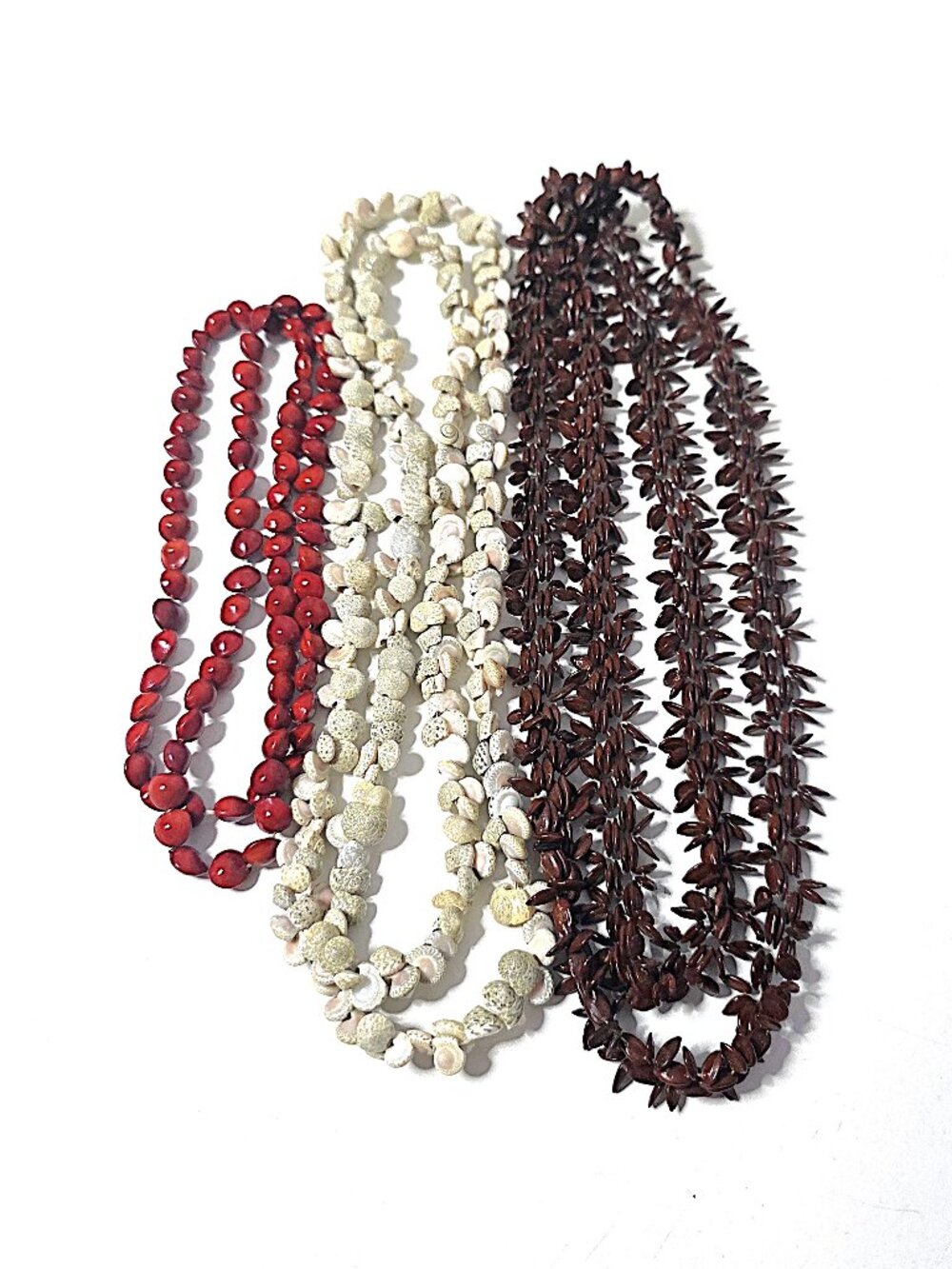 Vintage shell, apple seed & beaded red bean necklace bundle
